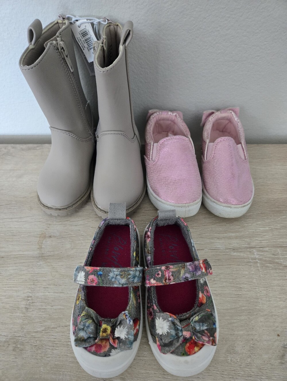 Lot Of Toddler Girl Shoes - Boots, Pink Slip-Ons & Floral Mary Janes Size 5